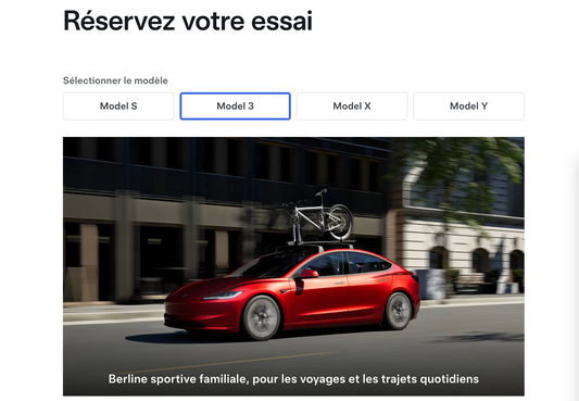 Réservez un essai de la Tesla Model 3, une berline sportive familiale, idéale pour les voyages et trajets quotidiens.