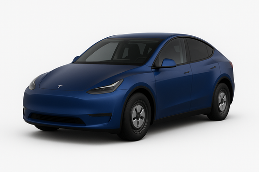 Blue Tesla Model Y showcasing its affordable design for 2025 school season.