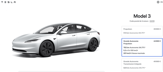 Tesla Model 3 Grande Autonomie avec spécifications de performance et autonomie affichées.