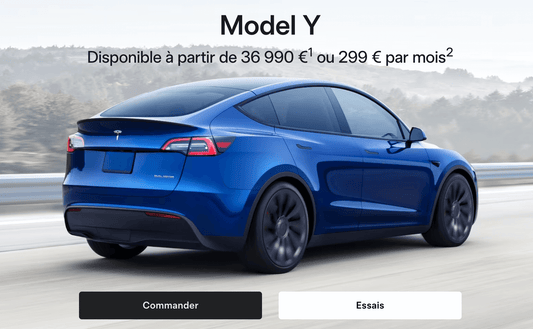 Blue Tesla Model Y available from €36,990 or €299 per month, showcasing sleek design on the road.