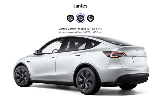 Tesla Model Y with Gemini dark wheels showcasing modern design and certified range of 455 km.
