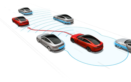Illustration of Tesla cars using passive safety features on a highway with lane change indicators.