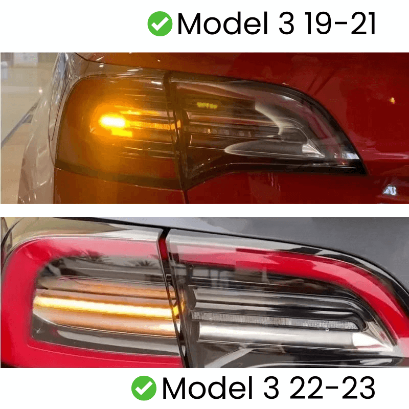 Comparaison des feux arrière LED pour Tesla Model 3, versions 19-21 en haut et 22-23 en bas.