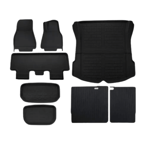Set of custom TPE floor mats designed for Tesla Model 3 and Y interiors, providing stylish protection.