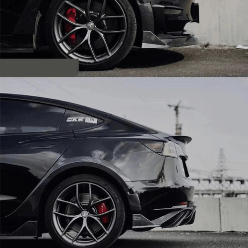 Tesla Model 3 with Turbo body kit, showcasing stylish wheels and aerodynamic features.