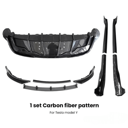 Kit carrosserie Aero en fibre de carbone pour Tesla Model Y, comprenant un pare-chocs et des jupes latérales.