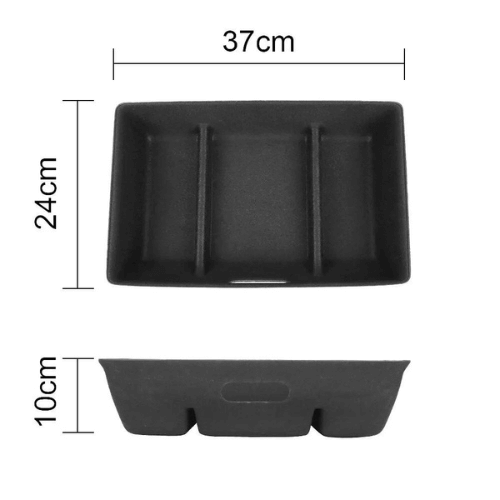 Bac de rangement sous siège pour Tesla Model Y, dimensions 37cm x 24cm x 10cm, espace de rangement pratique.
