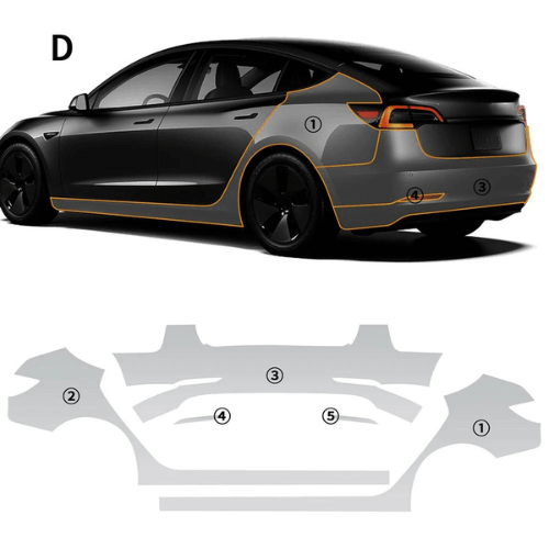Diagram showing transparent protection covering for Tesla, highlighting application points and design.