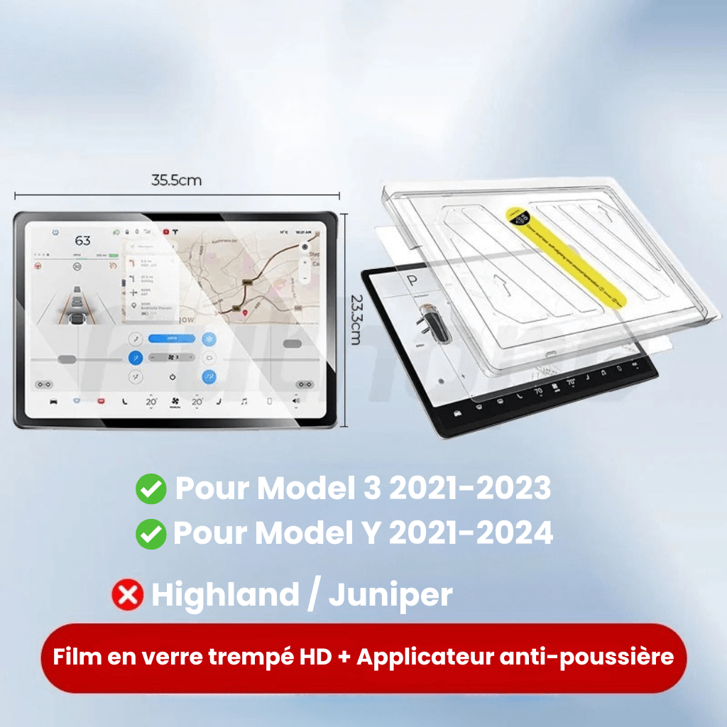 Protection d'écran en verre trempé pour Tesla Model 3 et Y, avec applicateur anti-poussière.