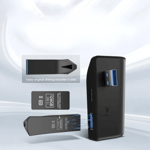 HUB USB pour Tesla avec ports supplémentaires et clé USB de 128 Go, conçu pour une connectivité optimale.