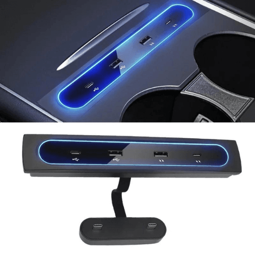 HUB USB for Tesla Model 3/Y, featuring multiple ports and sleek design with blue LED lighting.