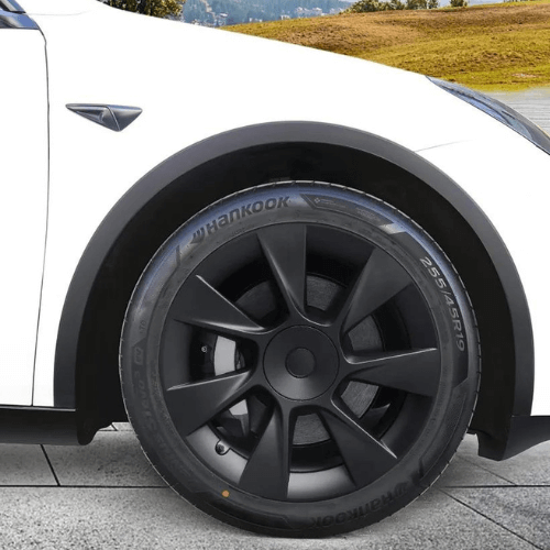 Enjoliveur 19 pouces noir sur une roue de Tesla, ajoutant une touche d'élégance au véhicule.