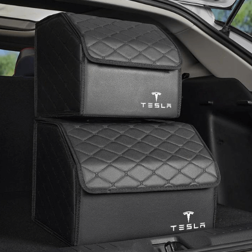 Boîtes de rangement noires pour coffre Tesla, optimisant l'organisation de l'espace et le rangement.