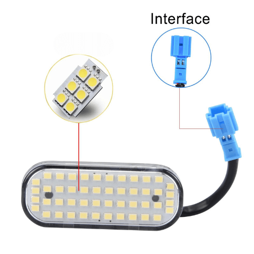 LED light pack interface for Tesla Model Y trunk, featuring multiple LED bulbs for enhanced illumination.