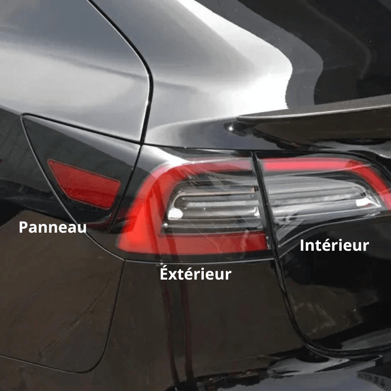 Feux arrière LED style OEM pour Tesla, mettant en évidence le panneau intérieur et extérieur, en noir.