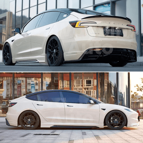 Kit carrosserie Sport pour Tesla Model 3 Highland, vue arrière et latérale, style et performance améliorés.