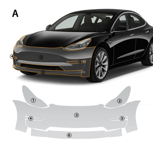 Schéma d'un covering de protection transparent pour Tesla, montrant les zones de couverture adaptées.