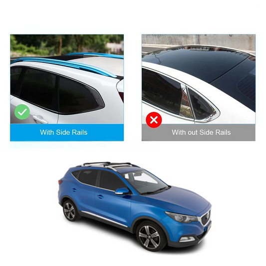 Comparative image of roof bars for MG HS: with and without side rails on a blue MG HS vehicle.