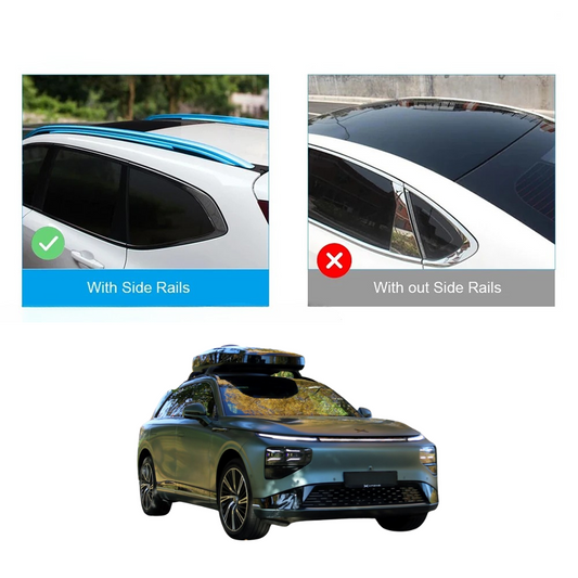 Image showing roof bars compatibility on SUV Xpeng G9: with side rails vs without side rails.