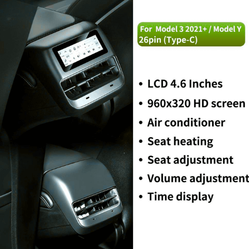 LCD console for Tesla Model 3/Y with 4.6" HD screen, seat heating, and volume adjustment features.