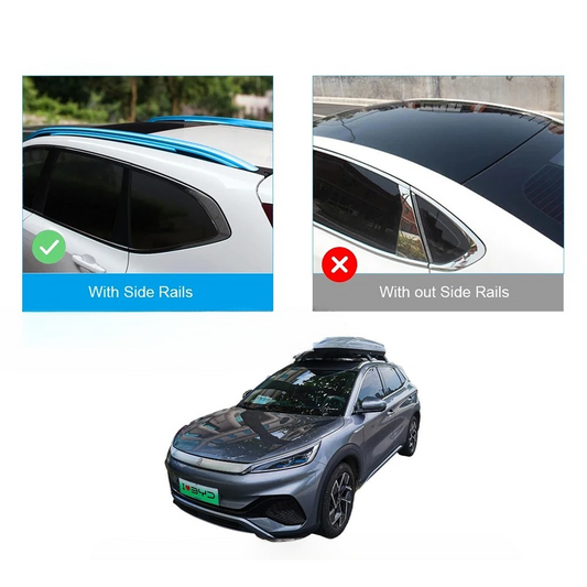 Comparative image showing a vehicle with side rails and without side rails for roof rack installation.