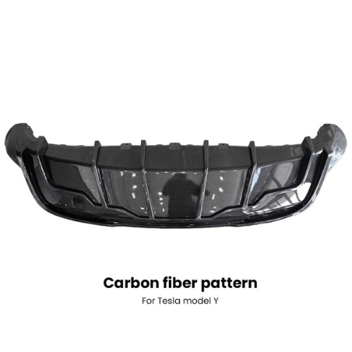 Carbon fiber pattern front bumper for Tesla Model Y, enhancing style and aerodynamics.