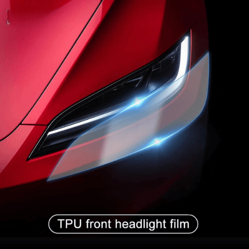 TPU transparent front headlight film protecting Tesla headlights from scratches and damage.