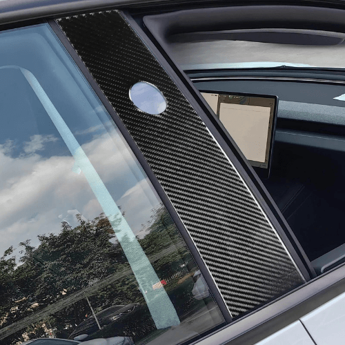 Stylish carbon fiber covering for Tesla Model 3 Highland door pillar, enhancing vehicle aesthetics and protection.