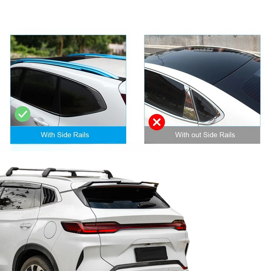 Comparison image showing a vehicle with side rails versus without, highlighting the roof bar compatibility.
