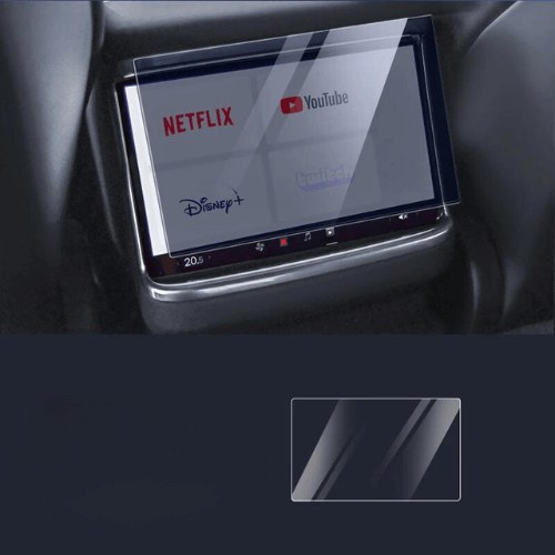 Protection d'écran en verre trempé pour écran Tesla, affiche des applications de streaming populaires comme Netflix et YouTube.