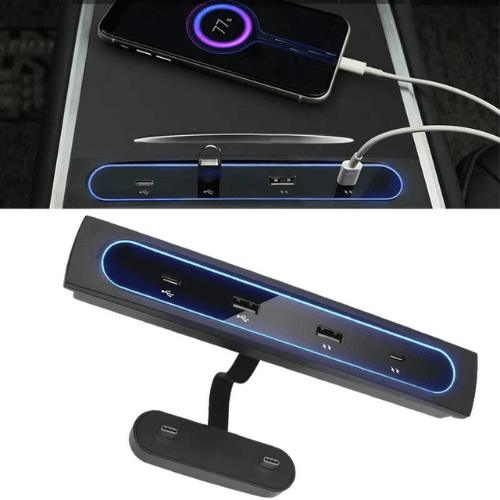 HUB USB designed for Tesla Model 3 and Y with multiple ports and ergonomic fit for central console.