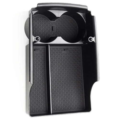 Organisateur de console centrale pour Tesla Model S et X, comprenant des compartiments et porte-gobelets pour une meilleure organisation.