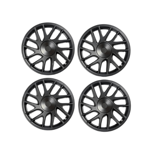 Set of four 18-inch black wheel covers designed for Tesla, featuring a sleek and modern design for enhanced vehicle aesthetics.