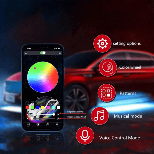 Application mobile pour contrôler l'éclairage d'ambiance LED dans une Tesla, avec options de couleur et modes musicaux.