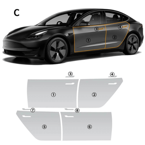 Diagram showing transparent protection coverings for Tesla Model 3, labeled areas for perfect fit and style.