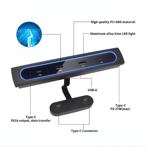 HUB USB for Tesla Model 3/Y featuring Type-C and USB-A ports, aluminum LED light, and durable material.