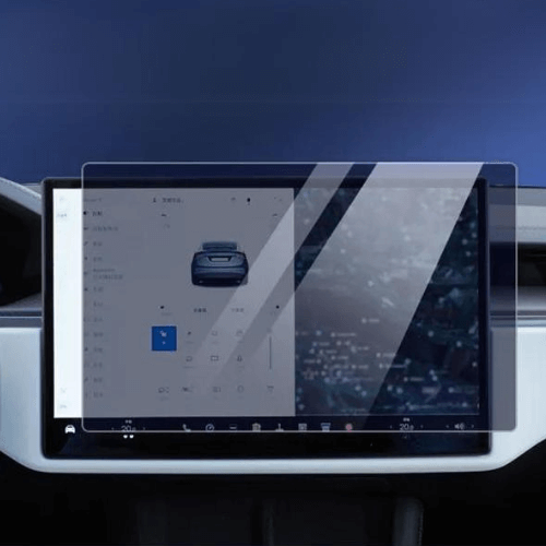 Protection d'écran en verre trempé pour l'écran d'une Tesla, offrant clarté et protection contre rayures.