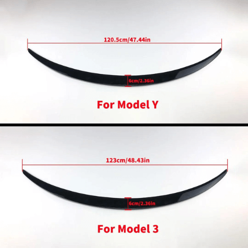 Becquet-Spoiler dimensions for Tesla Model Y and Model 3, enhancing aerodynamics and style.