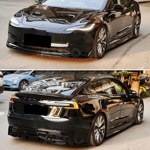 Kit carrosserie Sport pour Tesla Model 3 Highland, vue avant et arrière, améliorant le style et les performances aérodynamiques.
