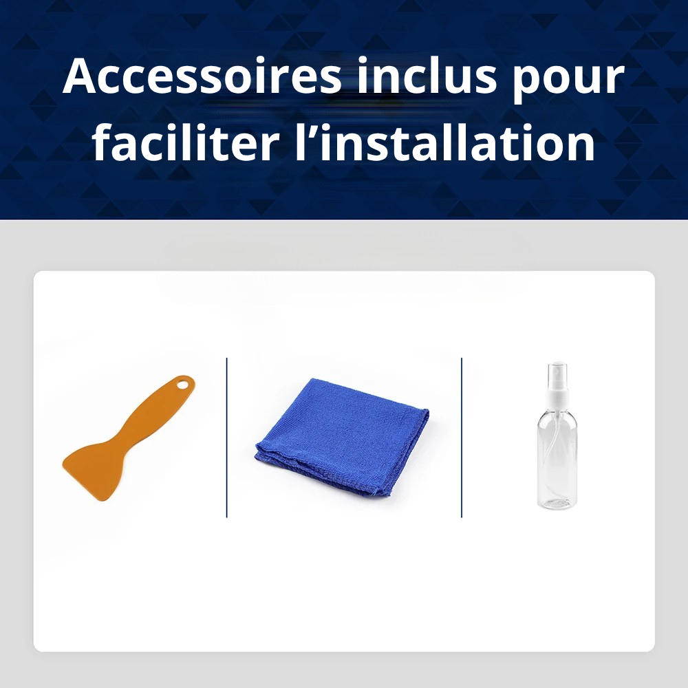 Accessoires pour installation de protection d'écran et console centrale BYD Seal U: raclette, chiffon et vaporisateur.