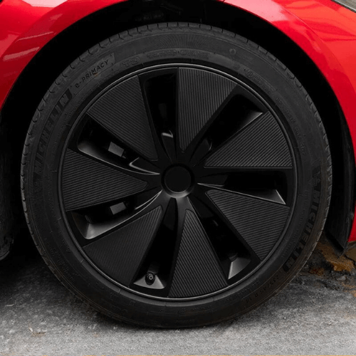 Black wheel cover for Tesla Model 3 Highland, showcasing a sleek design and durable finish.
