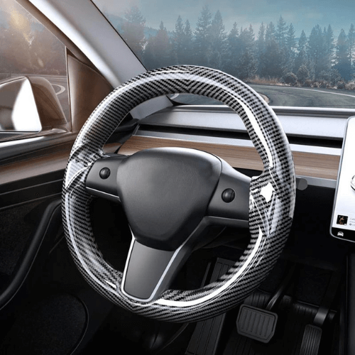 Couvre volant en carbone brillant pour Tesla Model 3 et Model Y, alliant confort et style.