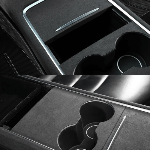 Covering console centrale for Tesla showcasing stylish cup holders and storage, enhancing vehicle interior aesthetics.