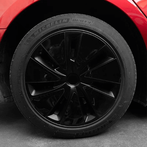 Black wheel design showcasing a sleek covering for Tesla Model 3 Highland, enhancing style and protection.
