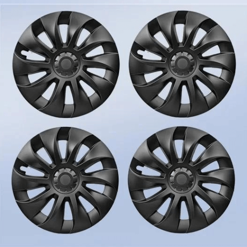 Set of four elegant 20-inch black wheel covers designed for Tesla Model Y, enhancing vehicle aesthetics.