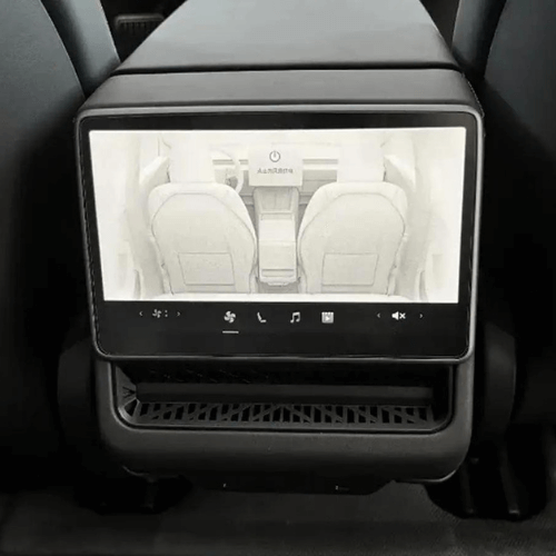 Écran de contrôle arrière de Tesla Model 3 affichant les sièges arrière et les fonctionnalités multimédia.