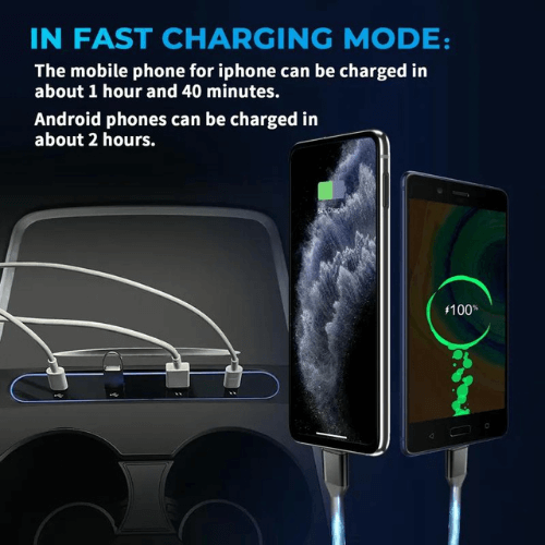 Fast charging USB hub for iPhone and Android in Tesla vehicles, showing charging times.