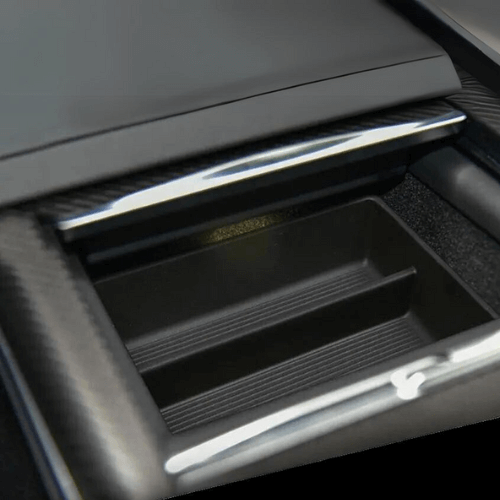 Organisateur de console centrale pour Tesla Model S offrant un espace de rangement élégant et fonctionnel.