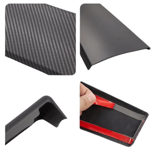 Close-up of Tesla dashboard covering showing carbon fiber texture and installation process.