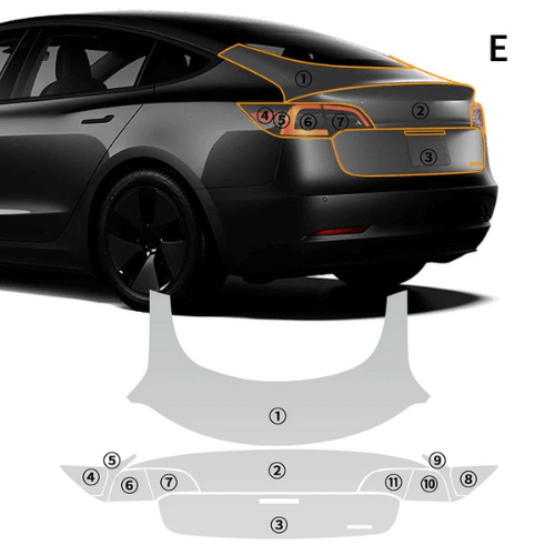 Diagram of Tesla rear with transparent protection covering areas marked for installation.